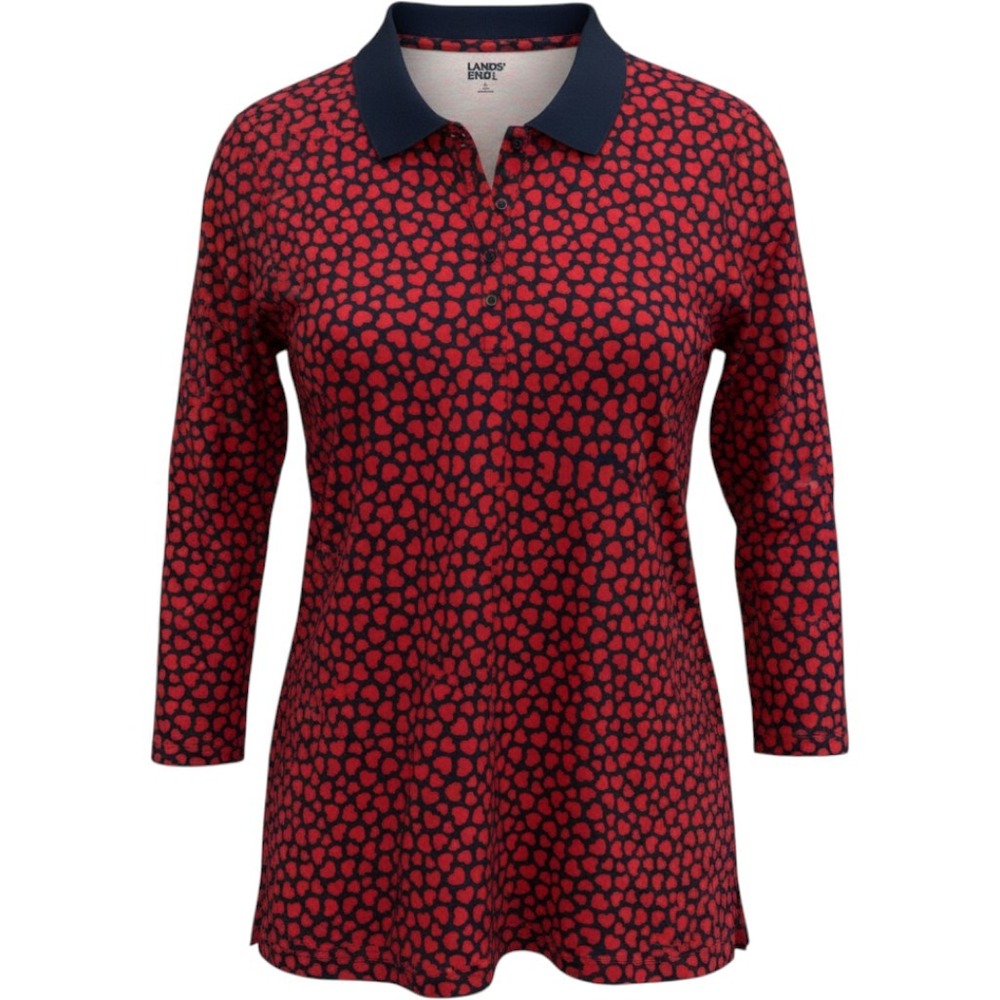 Lands End Polo Women L Navy Red Heart Long Sleeve NWT